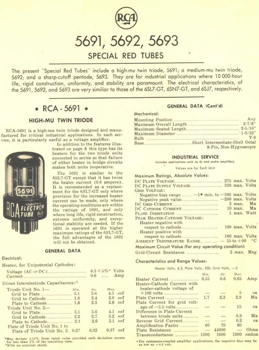 RCA Specification Sheet Featuring The 5691 "Special Red Tubes"