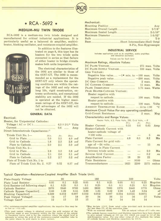RCA Specification Sheet Featuring The 5692 "Special Red Tubes"