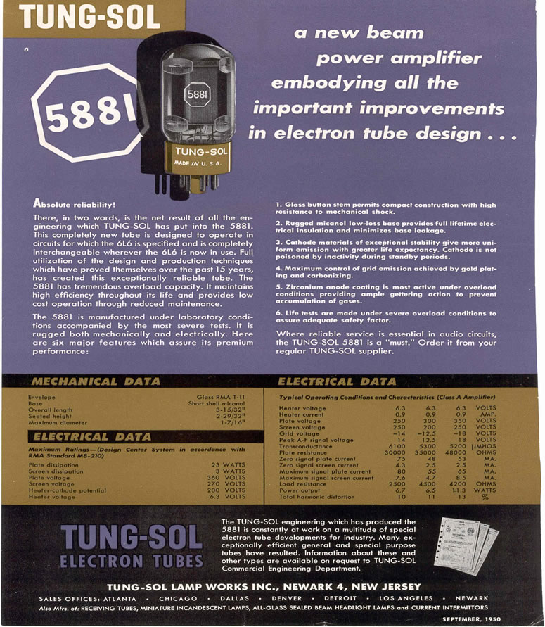 Tung-Sol 5881 Brochure - Back
