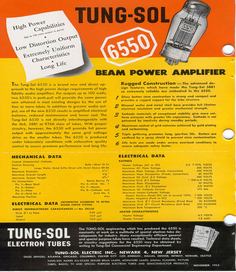 Tung-Sol 6550 Vintage Audio Tube Brochure - Back